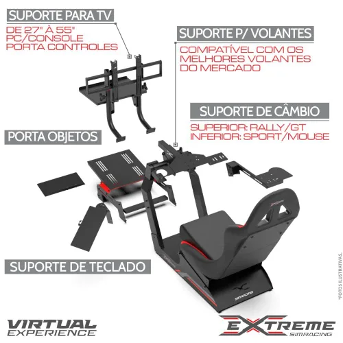 Vista 8 de Extreme Simracing Racing Simulator Cockpit With All Accessories (BlackRed) - VIRTUAL EXPERIENCE V 3.0 Racing Simulator For Logitech G27, G29, G920