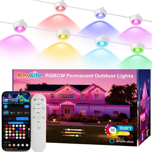 Vista 10 de Rosykite Luces de Navidad al Aire Libre - 50 pies de luces inteligentes RGB+IC para canalones con 63 escenas, impermeables IP67, control de voz