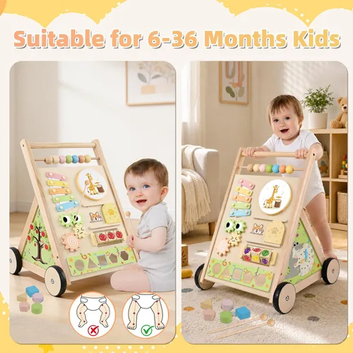 Vista 6 de Andador de madera para bebés con ruedas para niños y niñas de 6 a 12 meses