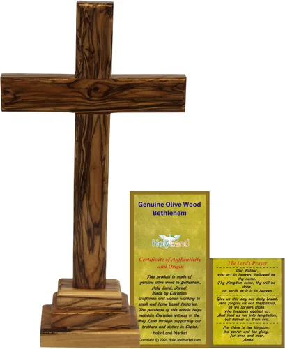 Vista 9 de Holy Land Market Cruz de altar de pie de madera de olivo de 6 pulgadas, tallada a mano en Belén por artesanos cristianos, crucifijo de mesa