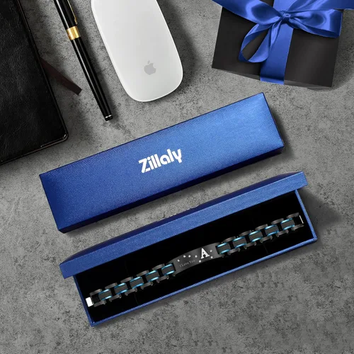Vista 7 de Pulsera de dos tonos de acero inoxidable para hombre, chapado en iones negro y azul, regalo para hombres, marido, padre