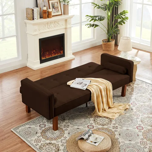 Vista 4 de Sofá cama de tela moderna, sofá cama convertible con 2 almohadas y reposabrazos, sofá reclinable plegable de 75 pulgadas con patas de madera maciza