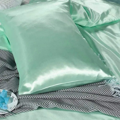 Vista 4 de Juego de edredón 100% satén de seda pura con 2 fundas de almohada, sin arrugas, resistente a la decoloración, una funda de edredón de satén de seda