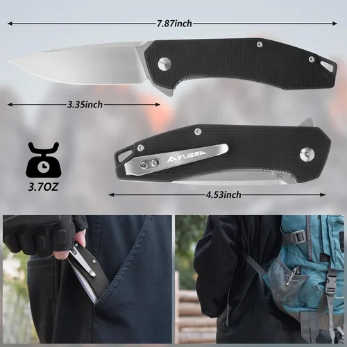 Vista 5 de FLISSA Cuchillo de bolsillo, cuchillo táctico plegable con mango G10, hoja D2, seguro de revestimiento, clip de bolsillo, cuchillo EDC para Negro