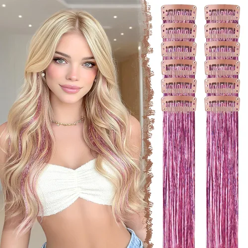 Vista 41 de FESHFEN Juego de 12 extensiones de cabello con clip, color negro, con clip, con purpurina, kit de accesorios coloridos para mujeres, de 20 pulgadas