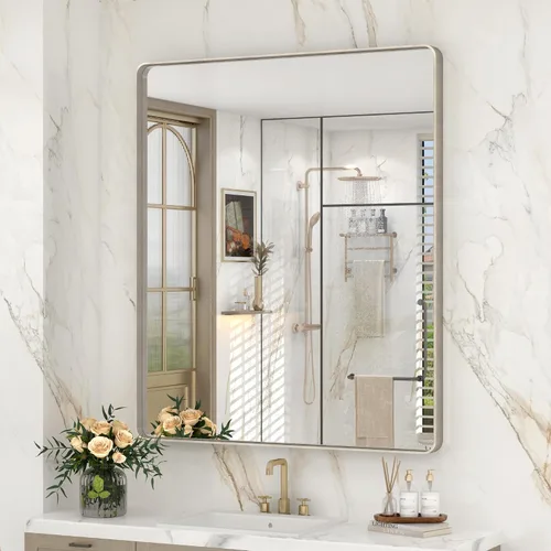 Vista 42 de Espejo rectangular para pared de baño de 20x30 pulgadas con marco negro mate, espejo de tocador con esquinas redondeadas, espejo de baño de metal