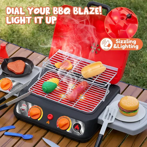 Vista 4 de Juego de parrilla para barbacoa para niños, juego de juguetes de cocina con humo de simulación, luz, sonido y alimentos que cambian