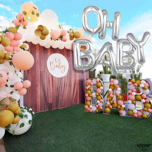 Vista 5 de KatchOn, Globo plateado Oh Baby de 16 pulgadas Globos plateados de Oh Baby para decoraciones de revelación de género Cartel de Oh Baby