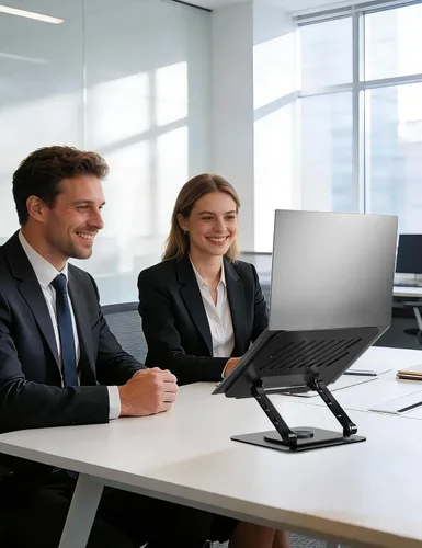Vista 2 de Soporte ajustable para laptop con base giratoria de 360°, soporte para computadora portátil ergonómico plegable elevador para computadora portátil
