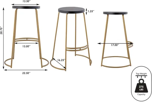 Vista 3 de JONATHAN Y Hula Taburete de bar de hierro curvado sin espalda de 28.75 pulgadas, negro/dorado Art Deco Style, Round Seat, Integrated Footrest