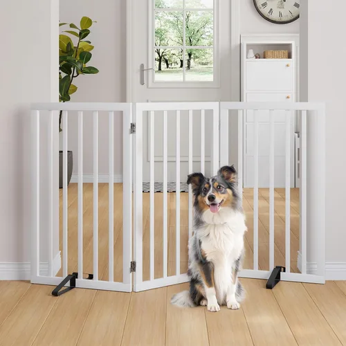 Vista 20 de Semiocthome Puertas de bambú para perros para interiores, puertas independientes de 2 paneles para cachorros para la casa con 2 soportes de metal