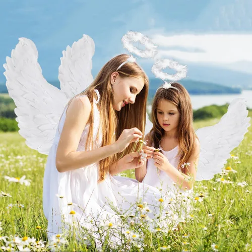 Vista 2 de Yamgqus Alas de ángel, alas de ángel y halo para adultos y niños, disfraces de ángel para mujeres y niñas para Halloween, Navidad, fiesta de carnaval