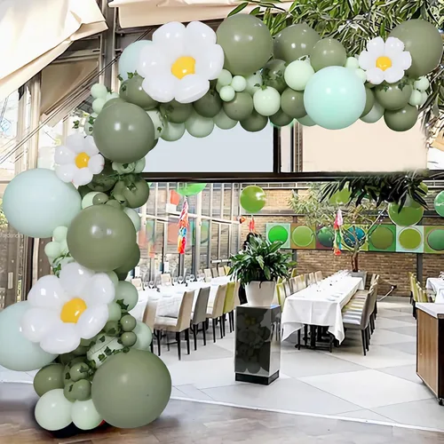 Vista 6 de Kit de guirnalda de arco de globos de margaritas de flores, globos de color verde salvia pastel macarrón, arco de globos de dinosaurio hawaiano