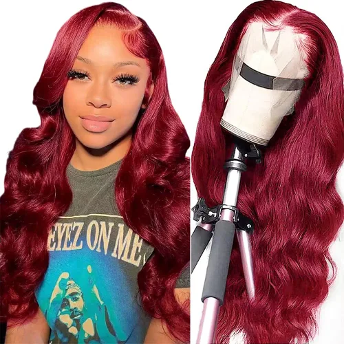 Vista 7 de MUPRETTY Pelucas de cabello humano con encaje frontal color burdeos, densidad del 180 %, peluca de encaje frontal de 13 x 4 pulgadas, con cabello