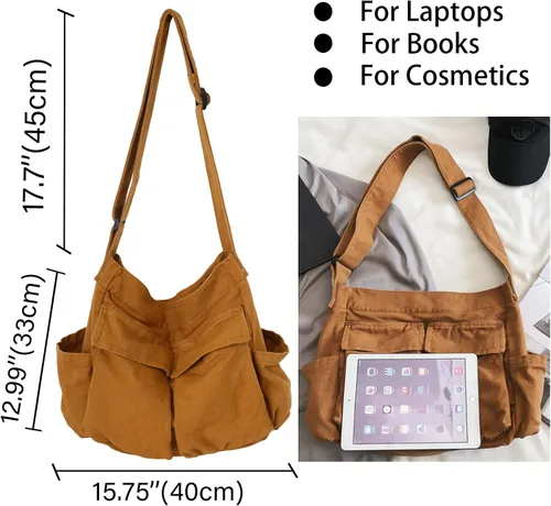 Vista 6 de KlaOYer Bolso bandolera de lona grande tipo hobo para la escuela, bolso bandolera con bolsillo para mujeres y hombres