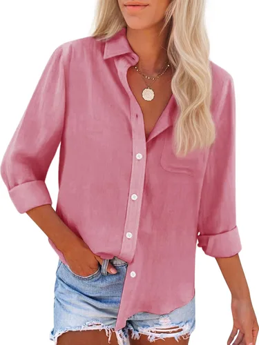 Vista 11 de Camisas de algodón con botones, para mujer, camisas de vestir Oxford, camisas de trabajo de manga larga, blusas con cuello y bolsillo
