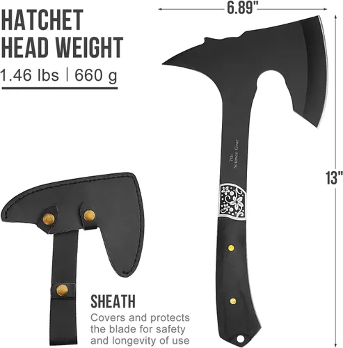 Vista 2 de Hacha de camping con vaina de cuero – Tomahawk de supervivencia compacta de 13" con tang completo y mango de madera para senderismo, supervivencia