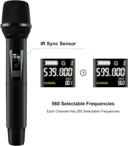 Vista 9 de PRORECK UK-2000 UHF Sistema de micrófono inalámbrico de 2 canales con dos micrófonos de mano, rango de frecuencia seleccionable 560, perfecto