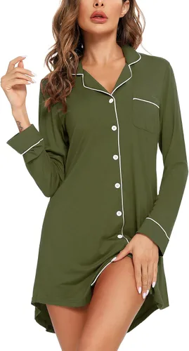 Vista 25 de Samring Camisón de pijama para mujer, manga corta/larga, con botones, camisón para dormir, camisón para novio, talla XXL