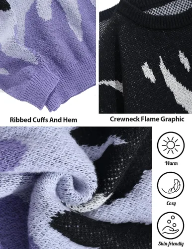 Vista 36 de ZAFUL Y2K - Suéter casual con estampado de llama estética para hombre, suéter de punto holgado, manga larga, cuello redondo
