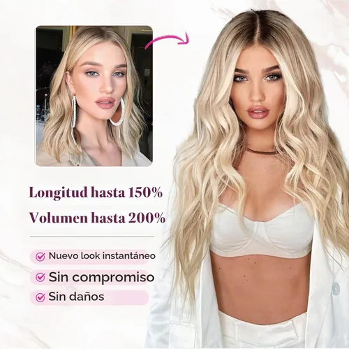 Vista 5 de REECHO Extensiones de cabello con pinza, 4 piezas de extensiones de cabello rubio de 24" de largo, ondas de playa gruesas, HE003, trama de encaje