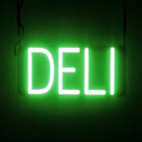 Vista 22 de SpellBrite DELI Sign Letrero relacionado con delicatessen con aspecto neón, fuente de luz LED azul 13.4 x 6.3 pulgadas
