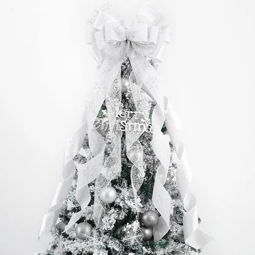 Vista 14 de MEEDEE Adorno Superior Azul para Árbol de Navidad de 12" de Ancho Lazos de Navidad con Purpurina Lazo de Cinta de Copo de Nieve Lazos Superiores