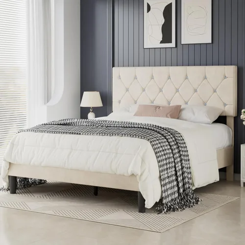 Vista 11 de VECELO Base de cama tamaño individual con plataforma tapizada con cabecera ajustable de botones de diamante, soporte de listones de madera,