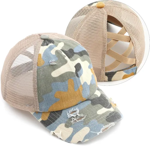 Vista 78 de C.C Gorra de béisbol de malla con diseño de estrella brillante, gorra de camionero ajustable para moño o cola de caballo Una banda elástica-negro