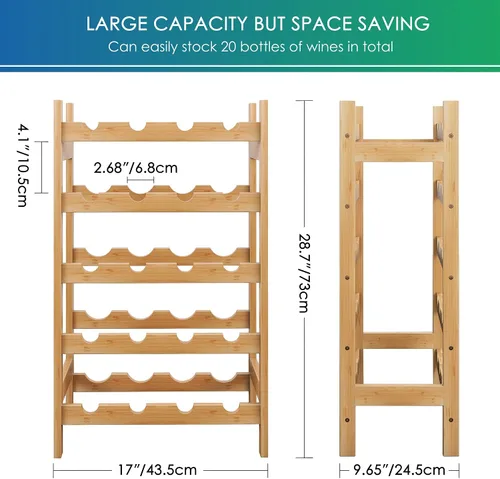 Vista 7 de SMIBUY Estante de bambú para vino, soporte para 20 botellas, estantes de almacenamiento independientes de 5 niveles para cocina, despensa, bodega