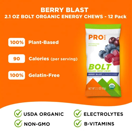 Vista 5 de Probar - Masticables energéticos orgánicos Bolt, explosión de bayas, sin OMG, sin gluten, certificado orgánico USDA, saludable, energía natural