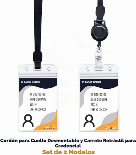 Vista 2 de Cordón retráctil con soportes para tarjetas de identificación, correa para el cuello desmontable y carrete retráctil, diseño de 2 modos de uso