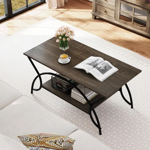 Vista 9 de GOFLAME Mesa auxiliar industrial, mesa central rectangular de 2 niveles con estante de almacenamiento, mesa decorativa con marco de metal arqueado