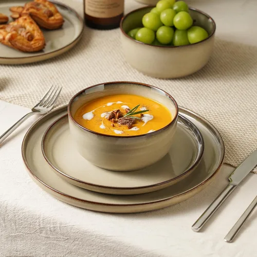 Vista 3 de Stoneware Dinnerware Sets for 8, Reactive Glaze, Beige