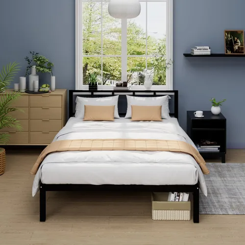 Vista 2 de Marco de cama de bambú tamaño Queen con cabecero, plataforma de cama sólida y estable con listones antideslizantes de soporte, cama alta, no Negro
