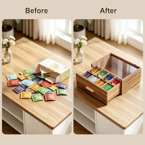 Vista 8 de Alsonerbay Acacia Wood Tea Bag Organizer, Tea Box with Drawer, Natural