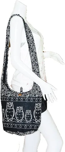 Vista 2 de Bolso de hombro estilo hippie tailandés con cremallera hecha a mano búho patrón de algodón gitano boho mensajero mediano