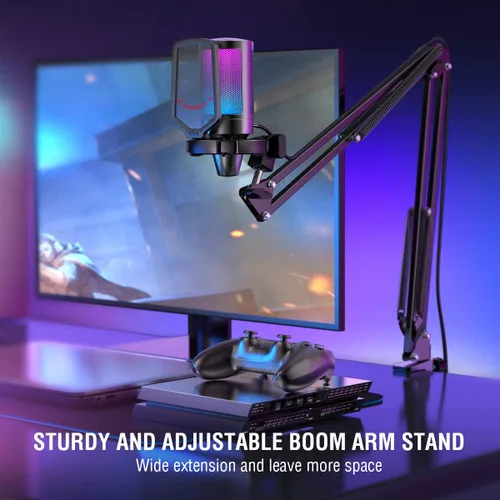 Vista 7 de FIFINE Altavoz de computadora y micrófono de transmisión, micrófono USB para juegos de PC con botón de silencio de filtro de explosión, altavoz RGB