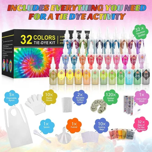 Vista 6 de Emooqi - Kit de teñido anudado de 32 colores, todo en 1, contiene 32 pigmentos de bolsa, bandas de goma, guantes, bolsa sellada, delantal y fundas