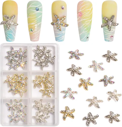 Vista 7 de 30 dijes de uñas de estrella de mar de aleación 3D, diamantes de imitación de uñas de 6 colores AB brillantes cristales diamantes, joyería de uñas