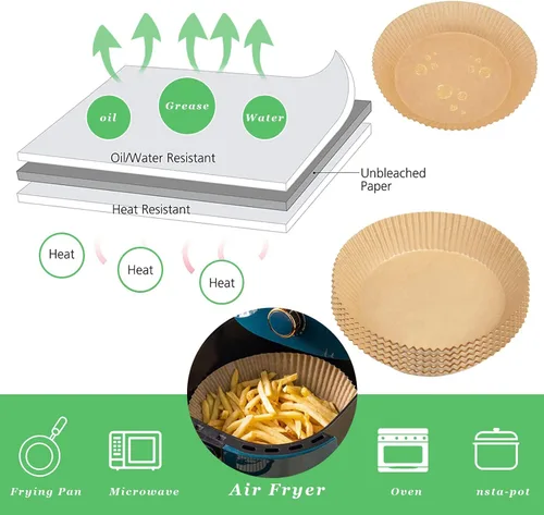 Vista 2 de Forro de papel desechable para freidora de aire, 100 forros desechables antiadherentes para freidora de aire, almohadillas de papel desechables