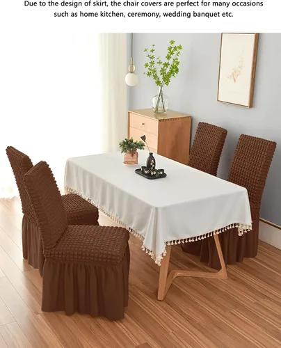 Vista 2 de Elastic Dining Chair Cover With Skirt, Polyester Spandex Furniture Protector, Removable And Washable, Universal(Beige,2 PCS)