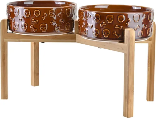 Vista 42 de SPUNKYJUNKY Cuencos elevados de cerámica para perros, 5.1 pulgadas, para comida de perros y gatos, cuencos elevados con soporte de bambú Verde oscuro