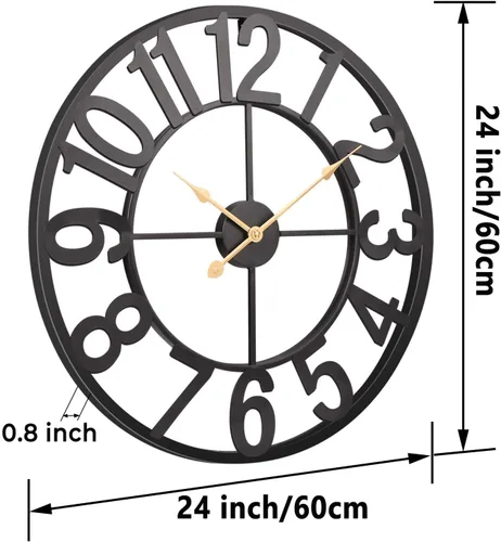 Vista 9 de Reloj de pared grande de 24 pulgadas, relojes de pared metálicos con números arábigos extragrandes para decoración de sala de estar, dormitorio