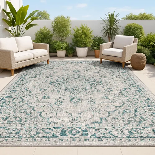 Vista 7 de JONATHAN Y Alfombra bohemia con medallón para interiores y exteriores, 2 x 8 pies, color gris/negro, tejido texturizado Rozetta para patio trasero