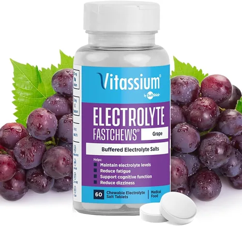 Vista 8 de Vitassium FastChews con electrolitos para reabastecimiento de sodio y potasio, botella de 60 comprimidos FastChews, Fruit Punch