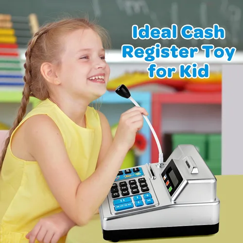 Vista 4 de Calculadora Caja Registradora de Juguete Regalo para Niños de 3, 4, 5, 6, 7, 8+ Años, Juego de Tienda de Comestibles de Simulación de 103 Piezas