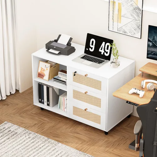 Vista 4 de AWQM Archivador de madera con cerradura, gabinete de almacenamiento de oficina móvil de 3 cajones con 2 estantes abiertos, soporte de impresora