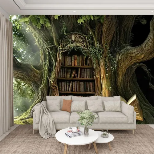 Vista 2 de Murales modernos para papel pintado 3D petrificado árbol arroyo ambiente antiguo oculto estantería abierta libro abierto despegar y pegar