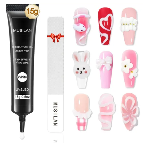 Vista 11 de MUSILAN Gel para esculpir uñas 3D con limas de cristal de cristal, gel constructor transparente para uñas, moldeo para esculpir esmalte de uñas